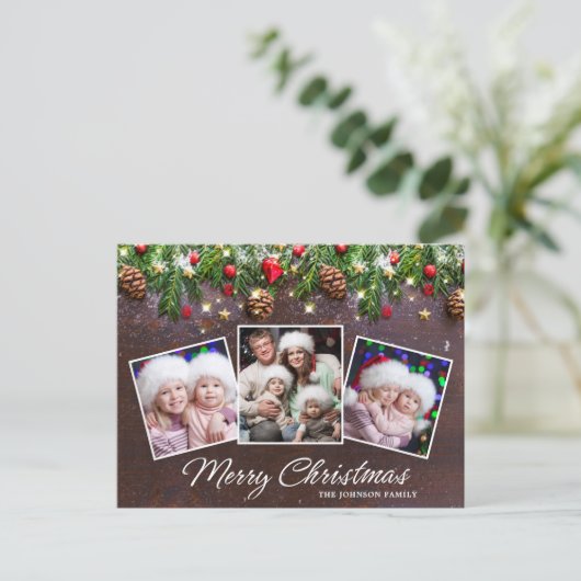 Pine Cones Rustiek Vrolijk Kerstfeest 3 Foto Vakan Briefkaart (Staand voorkant)