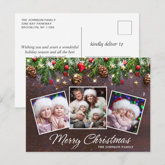 Pine Cones Rustiek Vrolijk Kerstfeest 3 Foto Vakan Briefkaart (Voorkant / Achterkant)