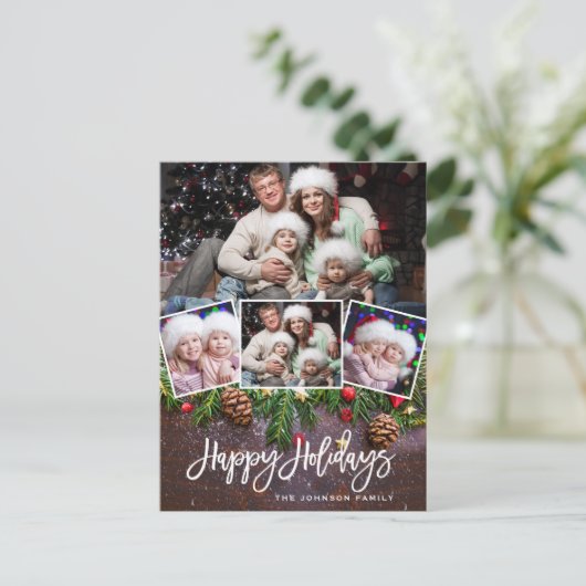 Pine Cones Rustieke Kerst 4 Foto Vakantie Briefkaart (Staand voorkant)