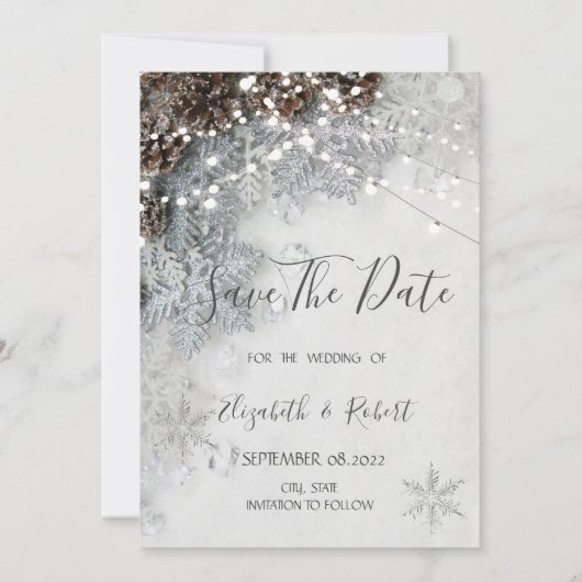 Pine Cones, Sneeuwvlokken sparen de Datum Save The Date (Voorkant)