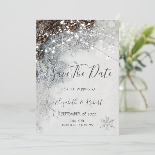 Pine Cones, Sneeuwvlokken sparen de Datum Save The Date (Staand voorkant)