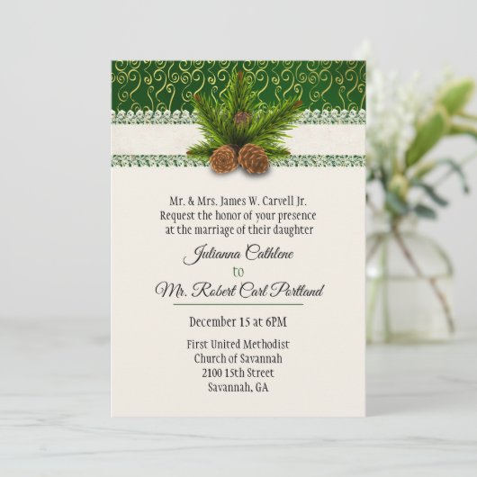 Pine Cones Winter bruiloft uitnodiging (Staand voorkant)