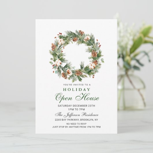 Pine Cones Wreate Kerstfeestdag Open House Kaart (Staand voorkant)