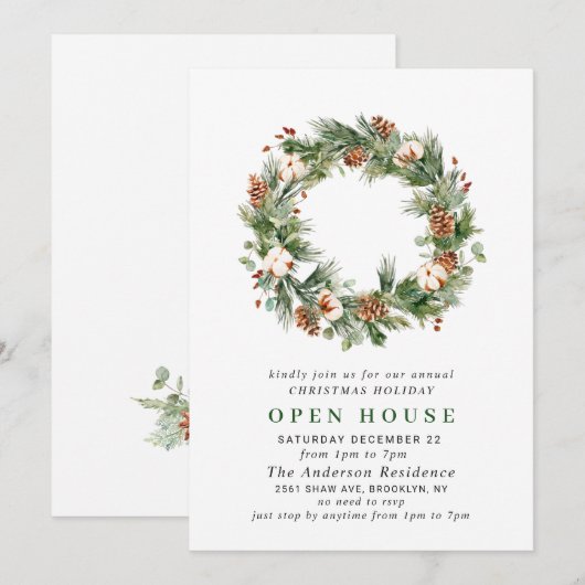 Pine Cones Wreath Holiday CHRISTMAS OPEN HUUSE Kaart (Voorkant / Achterkant)