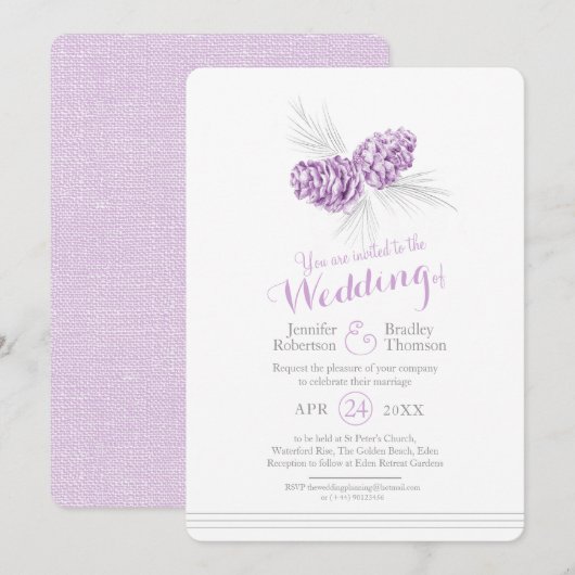 Pine-connen kunst met paarse grijze bruiloft kaart (Voorkant / Achterkant)