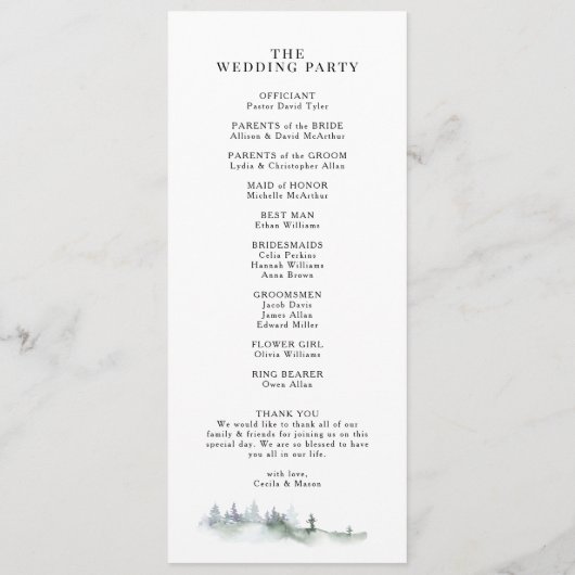 Pine Crest Trouwprogramma Programmakaart (Achterkant)