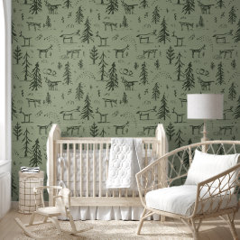 Pine Deer Lake Life - saliegroen bospatroon. Behang