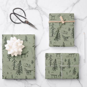 Pine Deer Lake Life - saliegroen bospatroon. Inpakpapier Vel