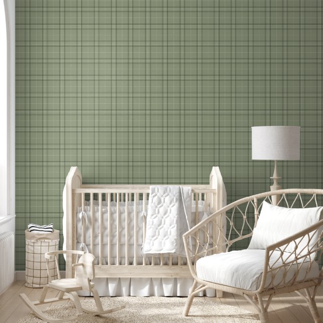 Pine Deer Plaid - saliegroen cabincore tartan.  Behang (Kinderen)
