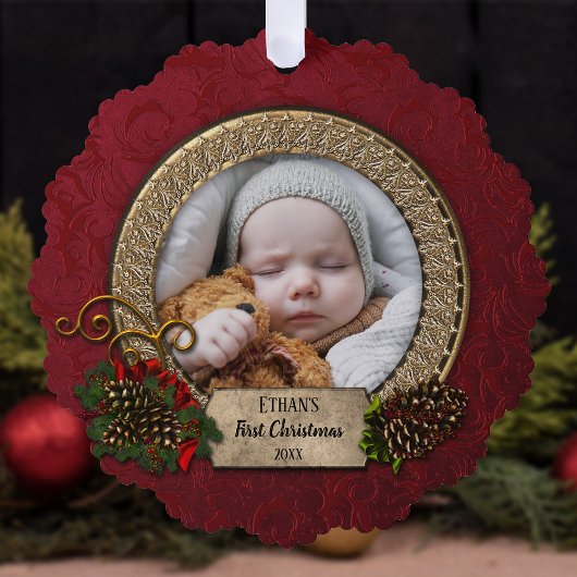 Pine & Elegant Goud Lijst Eerste Kerstfoto Ornament Kaart