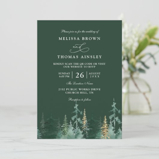 PINE Emerald Green and Gold QR Code Wedding Kaart (Staand voorkant)
