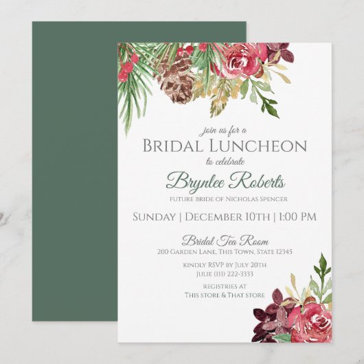 Pine en Berries Winter Floral Bridal Luncheon Kaart (Voorkant / Achterkant)