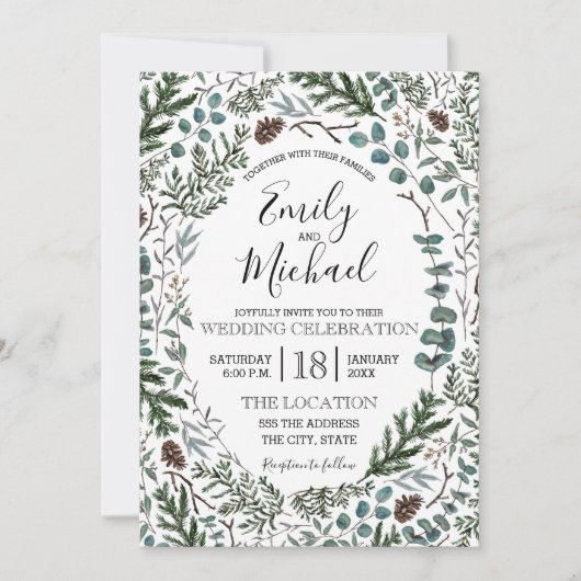 Pine en Eucalyptus Wedding Invite Kaart (Voorkant)