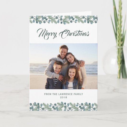 Pine Eucalyptus Bladgroen Vrolijk Kerstmis Foto Feestdagen Kaart (Voorkant)