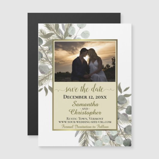 Pine Eucalyptus Wedding Save the Date Foto Goud Magnetische Uitnodiging (Voorkant / Achterkant)