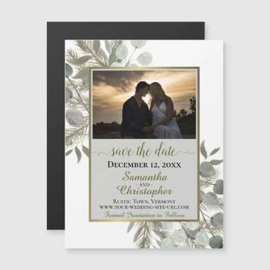 Pine Eucalyptus Wedding Save the Date Foto Gray Magnetische Uitnodiging (Voorkant / Achterkant)
