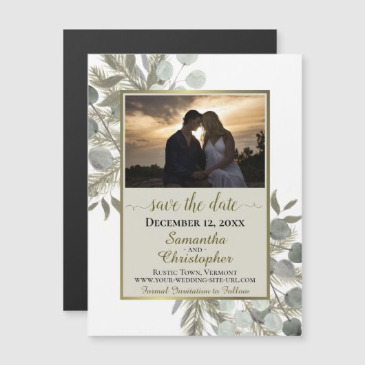 Pine Eucalyptus Wedding Save the Date Photo Tan Magnetische Uitnodiging (Voorkant / Achterkant)