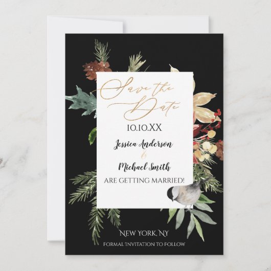 Pine Floral Gold Winter Save the Date Kaart (Voorkant)