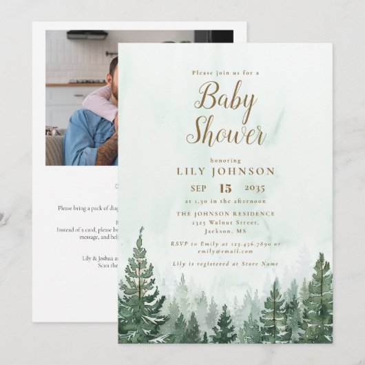 Pine Forest Baby Shower All In One Foto QR Code Kaart (Voorkant / Achterkant)