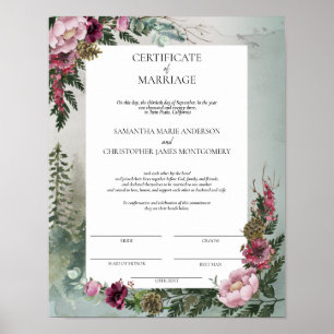 Pine Forest Burgundy Roos Certificate of Marriage Poster
