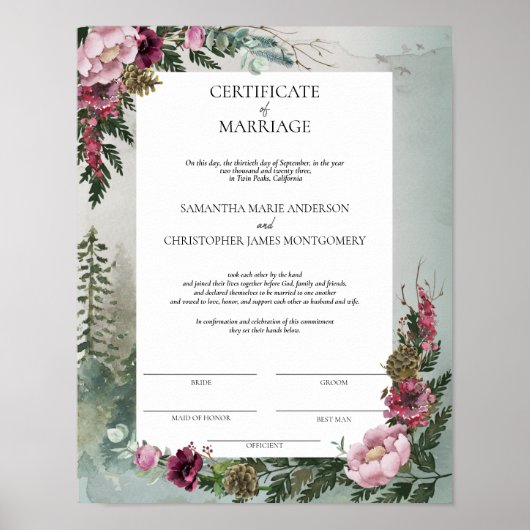 Pine Forest Burgundy Roos Certificate of Marriage Poster (Voorkant)