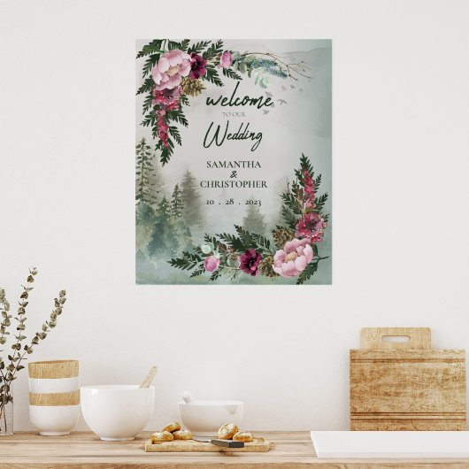 Pine Forest Burgundy Roos Weddenschap Welkomstteke Poster (Keuken)