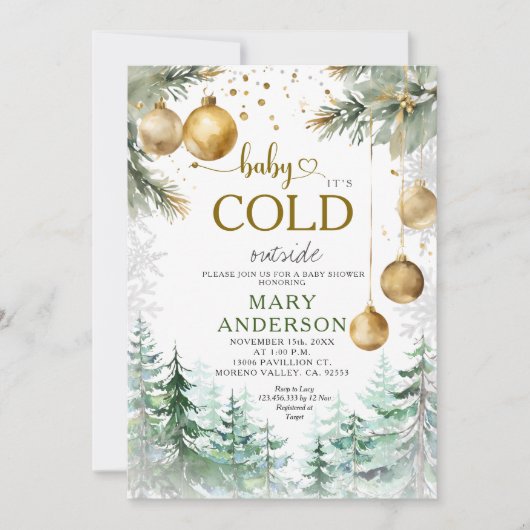Pine Forest Gold Ornamenten Kerst Baby shower Kaart (Voorkant)