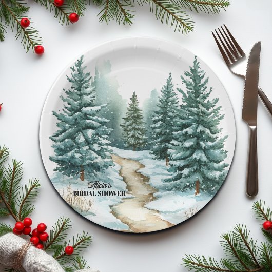 Pine Forest in Snow Winter Bridal Shower Papieren Bordje