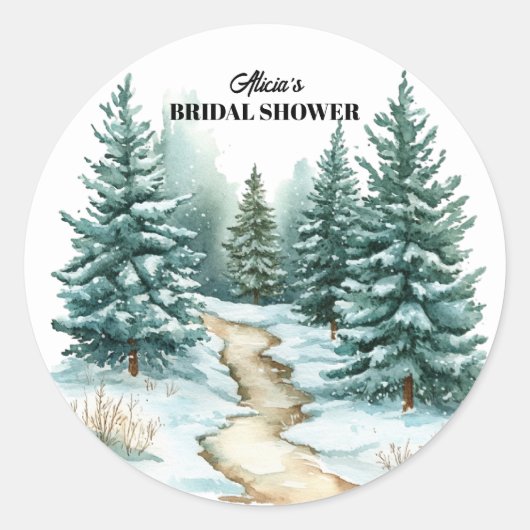 Pine Forest in Snow Winter Bridal Shower Ronde Sticker (Voorkant)