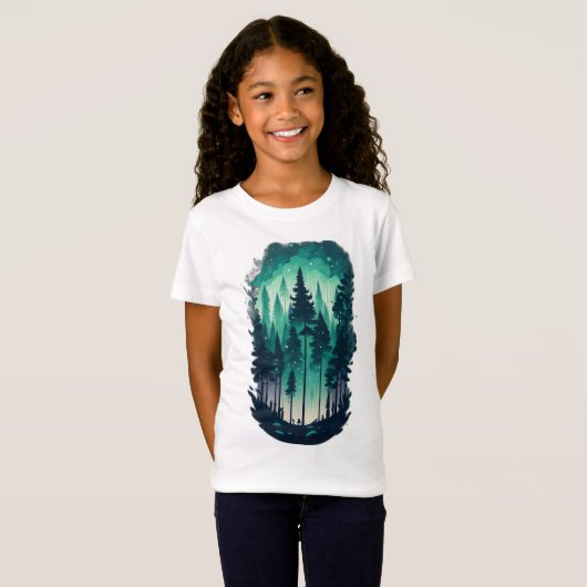 Pine Forest Landschap Meisjes Fine Jersey T-shirt (Voorkant volledig)