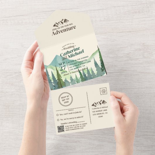 Pine Forest Mountain Adventure QR-code bruiloft All In One Uitnodiging (Afscheurbaar)