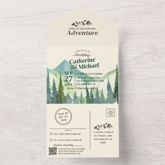Pine Forest Mountain Adventure QR-code bruiloft All In One Uitnodiging (Binnen)