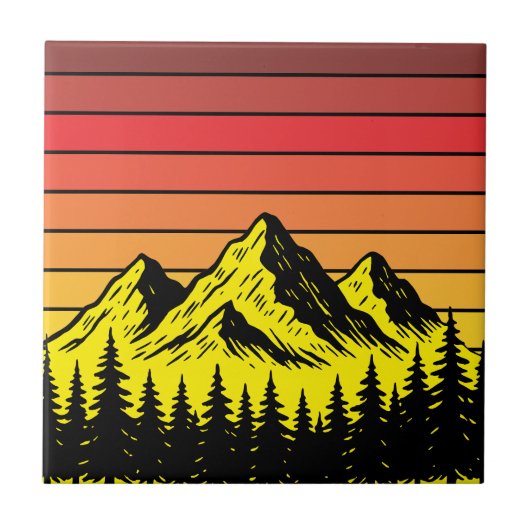 Pine Forest Over Mountains & Retro Sunset Frieze Tegeltje (Voorkant)