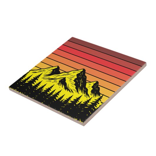 Pine Forest Over Mountains & Retro Sunset Frieze Tegeltje (Zijkant)