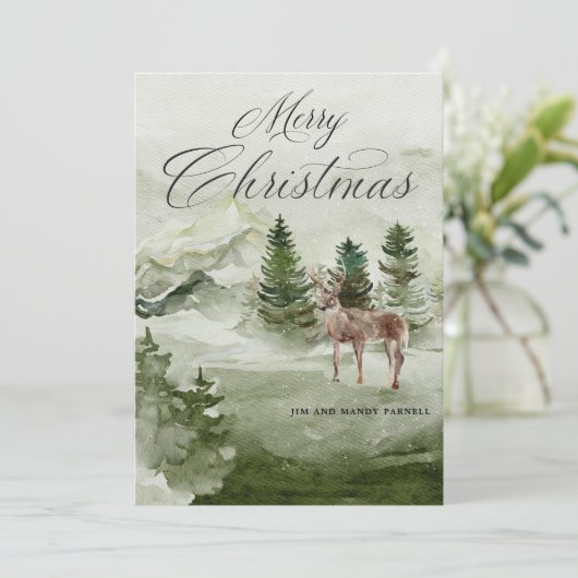 Pine Forest Snow Deer Merry-kerstKaart (Staand voorkant)