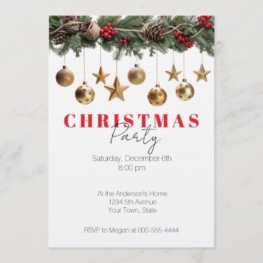 Pine Garland Gold Ornaments Christmas Party Kaart (Voorkant)