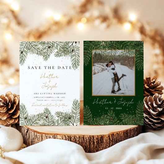 Pine & Goud Kerstmis Bladgroen Bruiloft Save the d Kaart