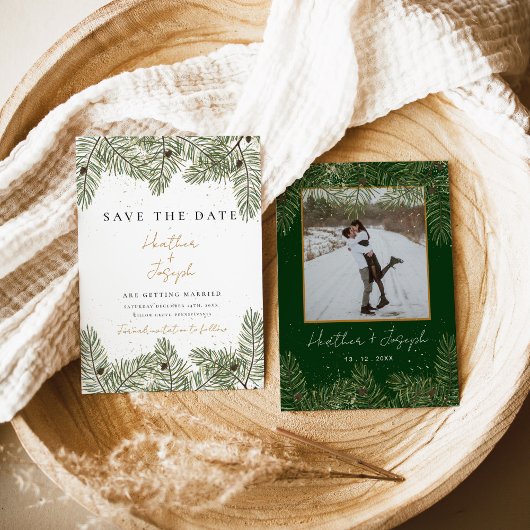 Pine & Goud Kerstmis Bladgroen Bruiloft Save the d Kaart