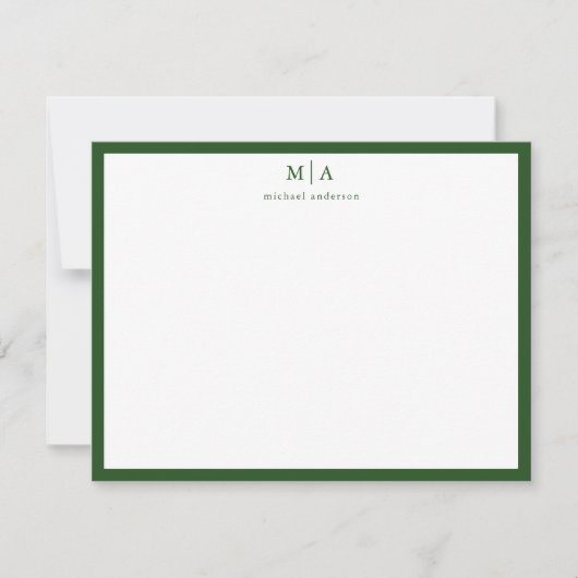 Pine Green Classic Border Monogram Correspondentie Notitiekaartje (Voorkant)