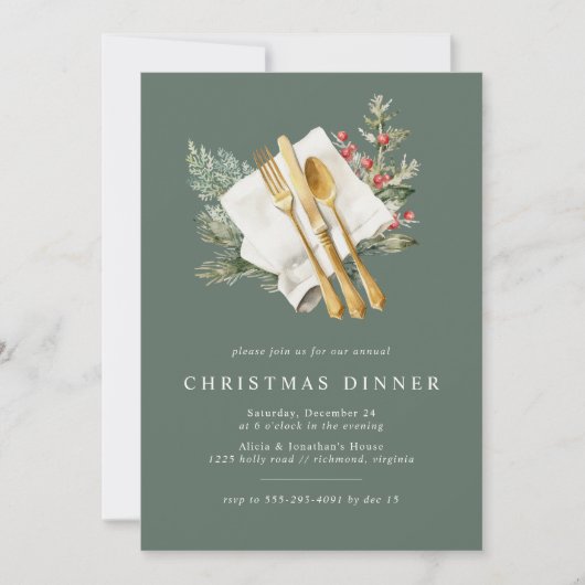 Pine Green | Elegant Goud Bestek Kerstdiner Kaart (Voorkant)
