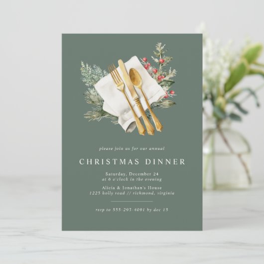 Pine Green | Elegant Goud Bestek Kerstdiner Kaart (Staand voorkant)