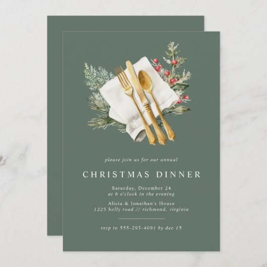Pine Green | Elegant Goud Bestek Kerstdiner Kaart (Voorkant / Achterkant)
