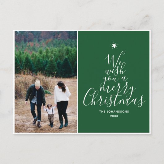Pine Green Elegant Script Kerstboom Foto Feestdagenkaart (Voorkant)