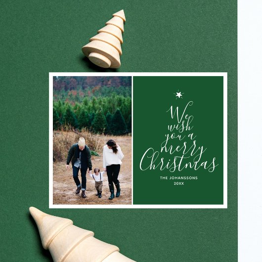 Pine Green Elegant Script Kerstboom Foto Feestdagenkaart