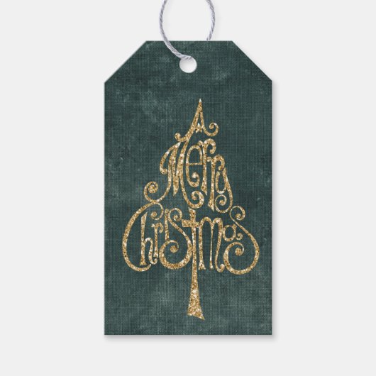 Pine Green Faux Linnen (linnen look) Glitter Tree Cadeaulabel (Voorkant)