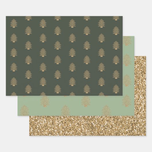 Pine Green Gold Glitzy Glitter-kerstbomen Inpakpapier Vel (Set)