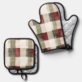 Pine Green Ivory Red Stripes Ovenwant & Pannenlap Set (Voorkant / Achterkant)