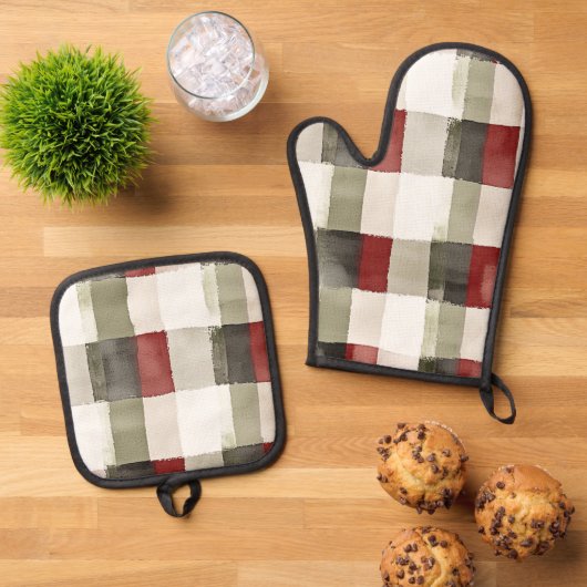 Pine Green Ivory Red Stripes Ovenwant & Pannenlap Set (Top down)