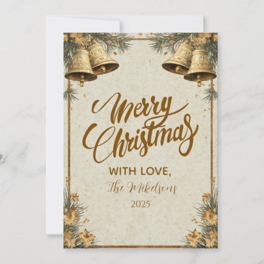 Pine Greenery Gold Bells Feestdagenkaart (Voorkant)