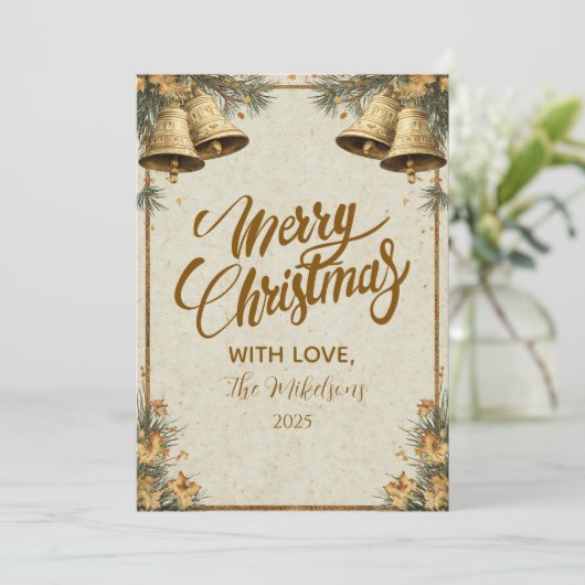 Pine Greenery Gold Bells Feestdagenkaart (Staand voorkant)